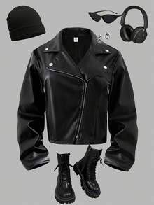 Sparklyn Teen Girl Solid Fashion Lapel Zipper Oblique Placket Black Versatile Short Leather Jacket Fall Winter - Black - View 1