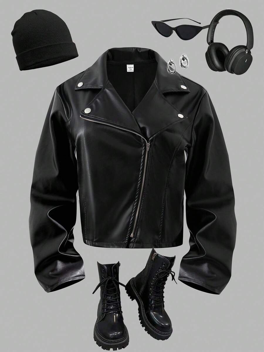 Sparklyn Teen Girl Solid Fashion Lapel Zipper Oblique Placket Black Versatile Short Leather Jacket Fall Winter - Black - View 1