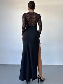 Firerie 女士新款优雅浪漫约会派对鸡尾酒会连衣裙，黑色蕾丝拼接袖圆领开衩长裙，镂空胸围设计长袖修身针织连衣裙，秋冬，返校季 - 黑色 - 查看 3