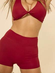 Aralina Quần short thể thao lưng thun co giãn màu trơn dành cho nữ - Màu Đỏ Sâu - Xem 8