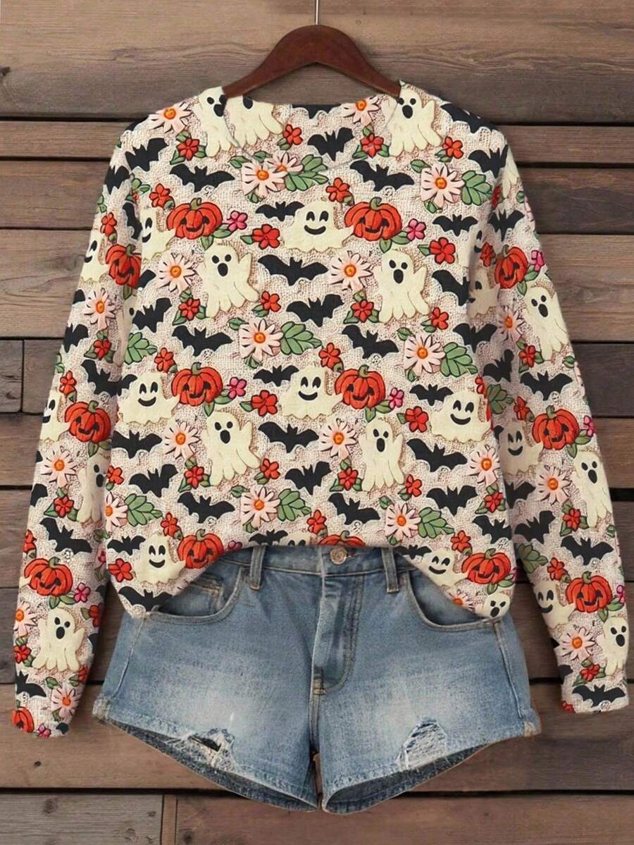Halloween Women Pumpkin & Bat Graphic Crew Neck Casual Sweater, Suitable For Holiday And Everyday Wear - Multicolor - View 1