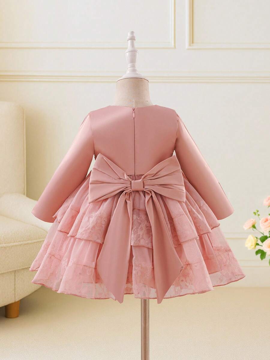 Glamorique Kids New Design Baby Girls Dress, & Elegant Jacquard Mesh Fabric, Suitable For Autumn/Winter, Daily Wear And Party Pink Bow Baby Dress Baby Girl Elegant Dress