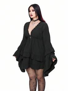 Flirla Đầm phong cách Punk thường ngày cỡ lớn dành cho nữ, đầm ngắn tay dài xếp tầng nhiều lớp, kiểu dáng Gothic, thích hợp cho mùa thu đông. - màu đen - Xem 5