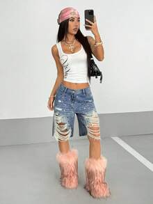 StreetHx Y2K Distressed Rhinestone Denim Shorts - Medium Wash - View 4