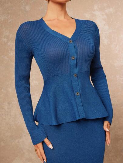 Lumalex 2 件套 V 领荷叶边下摆长袖美人鱼尾巴修身毛衣套装（女款）