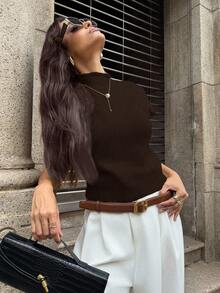 Firerie 优雅高领宽松休闲百搭无袖针织毛衣背心，秋冬棕色毛衣