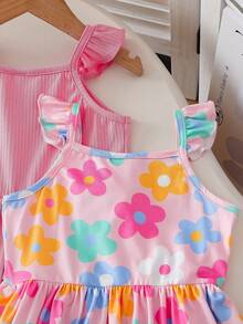 SHEIN 2 件套年轻女孩花卉印花荷叶边肩带 A 字形松紧腰休闲连衣裙套装，适合日常、海滩和度假穿着，夏季 - 彩色 - 查看 4