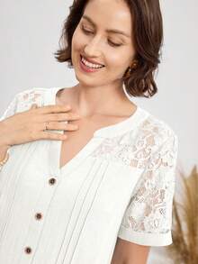 Miaspire 女士休闲V领蕾丝拼接中长连衣裙 - 白色 - 查看 2