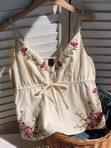 SHEIN EZwear Đai lưng thêu hoa giản dị cho kỳ nghỉ - Màu be - Xem 4