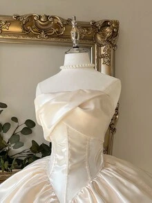 Lovelzi 浪漫、优雅、高贵的乳白色缎面双层蛋糕公主裙，适合单身派对、婚礼、毕业典礼、舞会礼服、婚礼宾客礼服 - 白色 - 查看 8