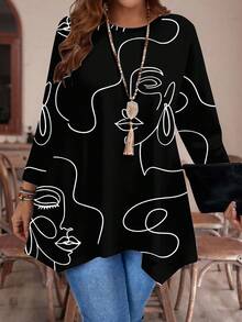 EMERY ROSE Casual Minimalist Line Face Graphic All-Over Print Loose Fit Long Sleeve T-Shirt, Suitable For Plus Size In Autumn/Winter - Multicolor - View 6