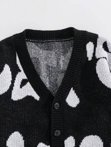 SHEIN Tween Boy Casual Black & White Contrast Letter Graphic Knit Cardigan, Autumn/Winter Boys Boy Kids Boys Kids Boy Teen Boys Fall - Black - View 5