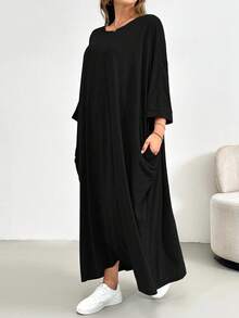 SHEIN Essnce 大码女装春夏时尚休闲宽松舒适日常基本款修身灰色七分袖长裙，简约风格，大码连衣裙，教堂连衣裙女装，外出装 - 黑色 - 查看 3