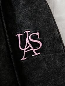 SHEIN Playful Pals Girls Young Girl New Black Washed Casual Loose Playful Cute English Embroidery Zip-Up Knit Denim Top @ Casual Loose Embroidered Wide-Leg Denim Pants Set, Suitable For Daily Wear, Simple And Fashionable Fall Winter - Black - View 6