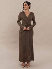 Modelyn Women's Solid Color Minimalist V-Neck Long Sleeve Dress, Casual Everyday Wear  Winter Dresses For Women   Wedding Guest Dress Elegant - Brown - View 7