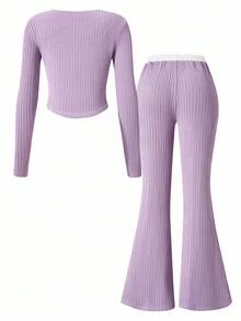 Teenager Mädchen T-Shirt Set, modisches Farbblockdesign, weißer Kontrastkragen, geschwungener Saum, kombiniert mit Hosen, lässig & einfach, College-Stil, geeignet für den täglichen Gebrauch & Schule