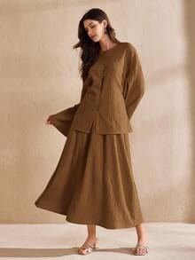 Graceveil Women's Solid Color Round Neck Loose Textured Fabric Elegant Fashion Arabic Style Set - Bronze - View 4