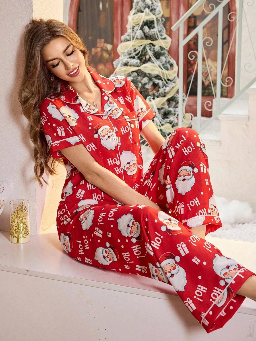 SHEIN 女款粉色鬱金香印花翻領短袖睡衣套裝 聖誕睡衣 女款紅色睡衣套裝 女款睡衣套裝 大尺碼睡衣套裝 - 彩色 - 查看 1