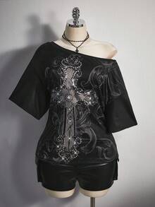 SHEIN ICON Plus Size Women's Y2K Vintage Grunge Style Cross Print Loose Fit Oblique Shoulder T-Shirt Halloween