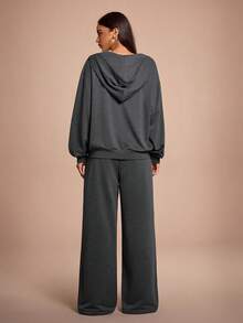 SHEIN Sports Conjunto deportivo de mujer con sudadera holgada de manga raglan y pantalón de chándal de unicolor - Gris Oscuro - Ver 4