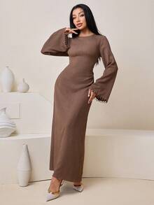 Veilorie Elegantes tailliertes Binde-Vorne Weite Ärmel Strick Dehnbar Midi Kleid, vielseitig für den täglichen Gebrauch - Braun - Übersicht 3