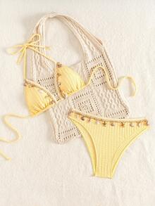 Swim Mod Textured Halter Neck Bikini Set With Starfish & Shell Decor - Yellow - View 6