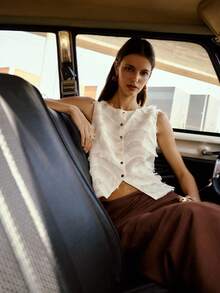 Nöista Sleeveless Fringed Button-Front Vest With Textured Tiers And A Cropped, Flattering Cut-Casual For Everyday Wear Or Graduation And Prom - Apricot - View 1