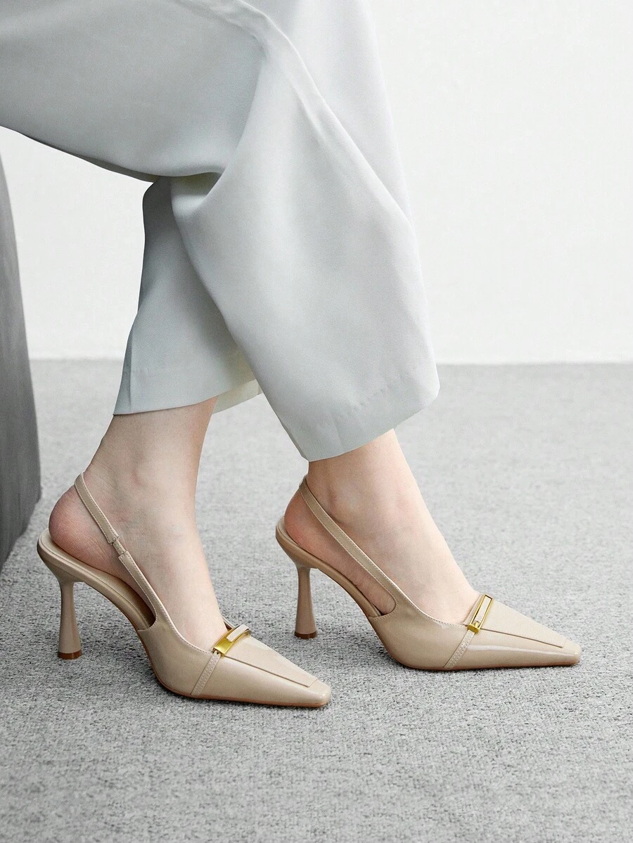 CUCCOO BIZCHIC 女士时尚闪亮米色材质露背方头细高跟鞋，适合通勤、约会、聚会、派对等场合 - 米色 - 查看 1