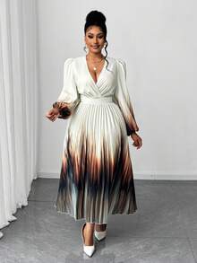Maweii Đầm midi bodycon xếp ly cổ chữ V tay dài màu ombre thanh lịch dành cho nữ cỡ lớn, mùa xuân/thu - Nhiều màu - Xem 6