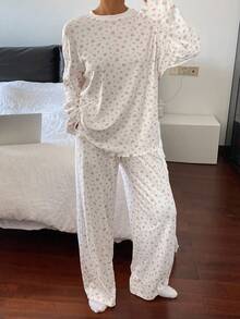 DAZY 碎花宽松舒适女士睡衣套装，秋冬服装 - 灰色 - 查看 6