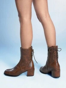 Sugerpunk Brown Vintage Pointed Toe Chunky Heel Lace-Up Side Zipper Mid-Calf Boots - Brown - View 5