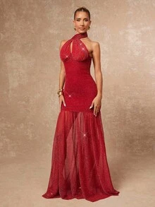 Lumalex 早春情人节浪漫约会领口聚焦闪亮露背紧身网纱连衣裙，适合女士，尽显奢华新年新风尚，适合舞会、聚会、宴会、低调奢华、复古魅力、闪耀节日派对、锐舞节、郊游、度假、户外、层次丰富的婚礼季宴会、宰牲节、新年派对、晚宴、秋季派对礼服 - 酒紅色 - 查看 7