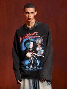 ROMWE MEN A Nightmare on Elm Street X ROMWE 男式字母和图形圆领长袖 T 恤，秋季 - 黑色 - 查看 3