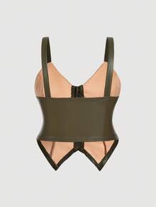 SHEIN MOD Áo kiểu dáng ôm sát đơn giản bằng da PU màu xanh lá cây cỡ lớn, áo ngực da, đồ lót da, áo da nữ, áo da đen, áo corset da, áo corset cho nữ - xanh quân đội - Xem 2