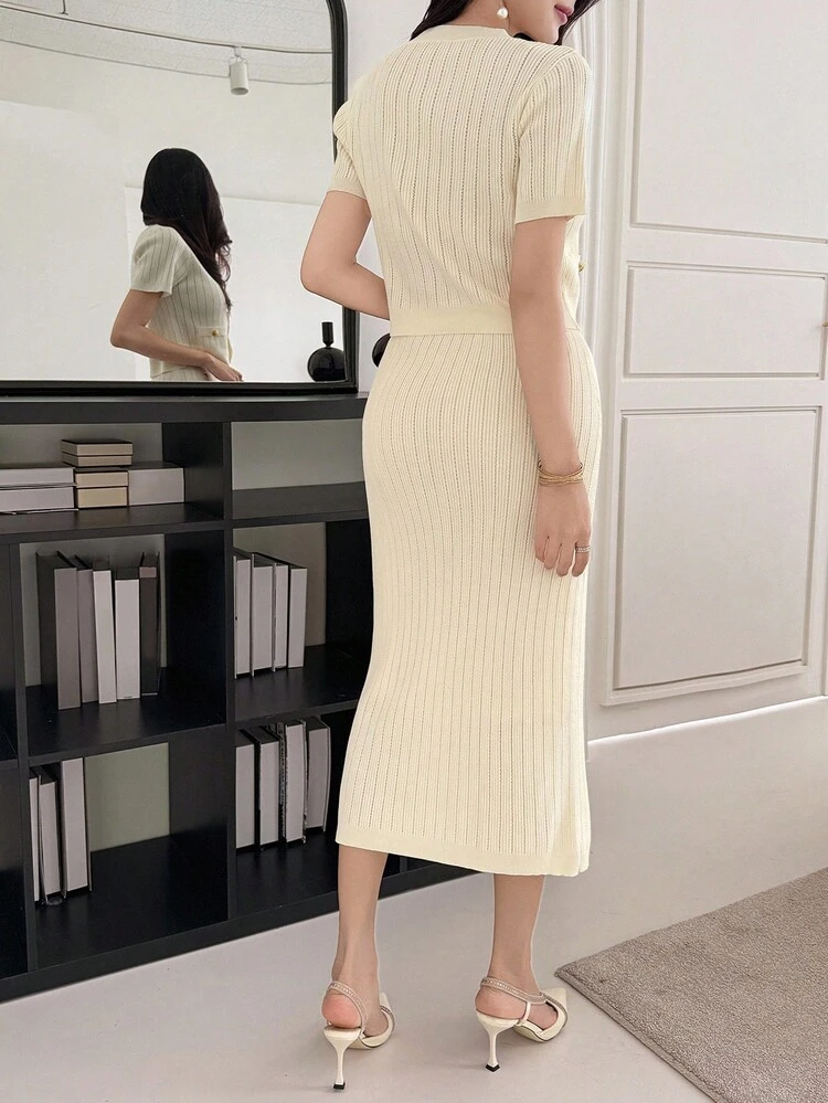 2pcs/Set Women V-Neck Short Sleeve Sweater Top And Skirt Casual Outfit