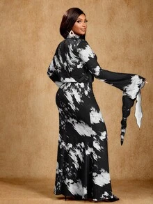 Brilight Women's Black And White Coated Printed Flared Sleeves Large Sleeves Modern Long Dress Simple Casual Outing