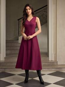 ZEYLAH Váy suông không tay cổ chữ V xẻ eo bất đối xứng dành cho nữ - Màu Hồng Tươi - Xem 4