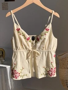 SHEIN EZwear Đai lưng thêu hoa giản dị cho kỳ nghỉ - Màu be - Xem 5