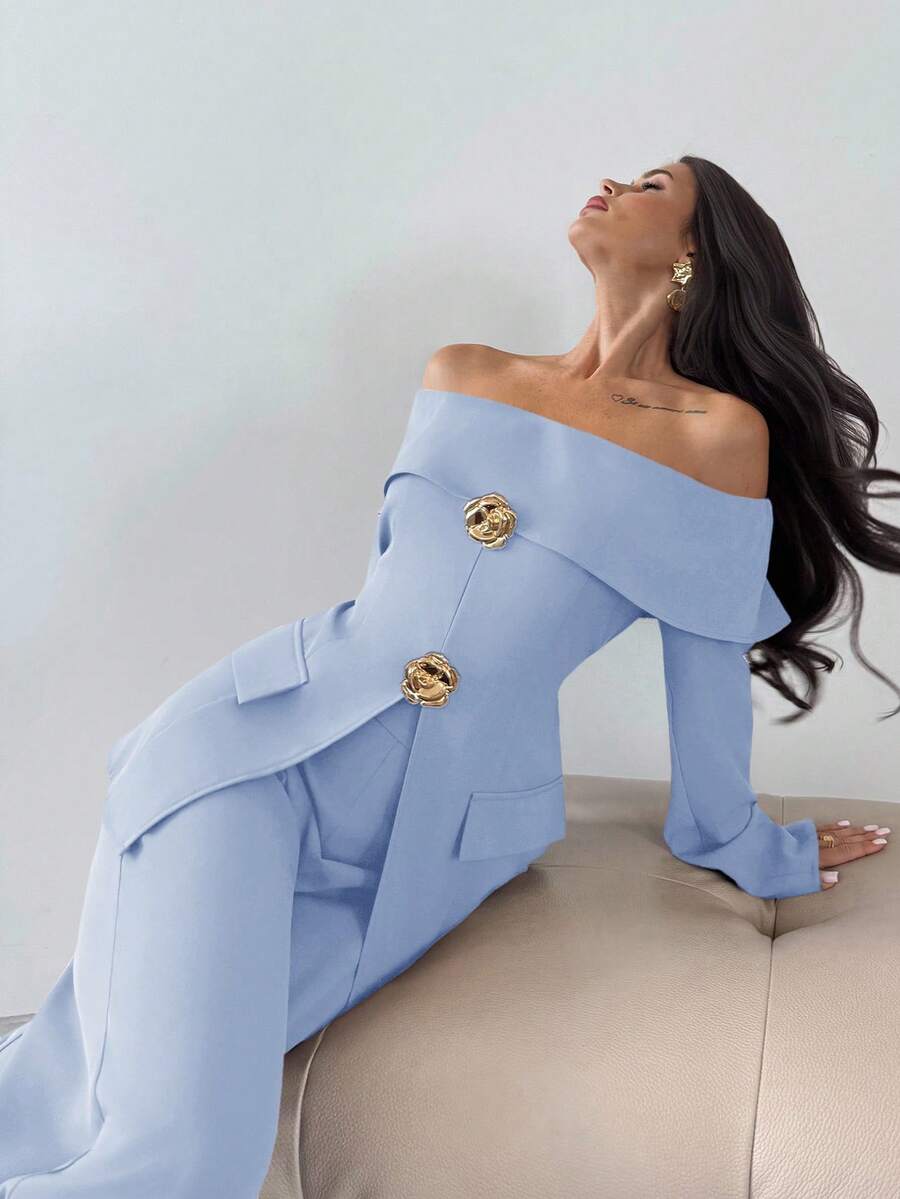 Firerie 2pcs Women Elegant Cold Shoulder Long Sleeve Top And Pants Set, Suitable For Commuting In Fall/Winter - Baby Blue - View 1