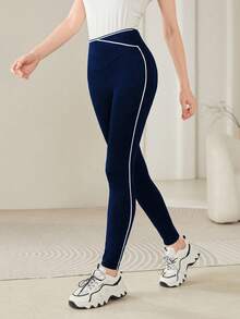 Women's Contrast Trim Fitted High Waist Casual Leggings - Royal Blue - View 1