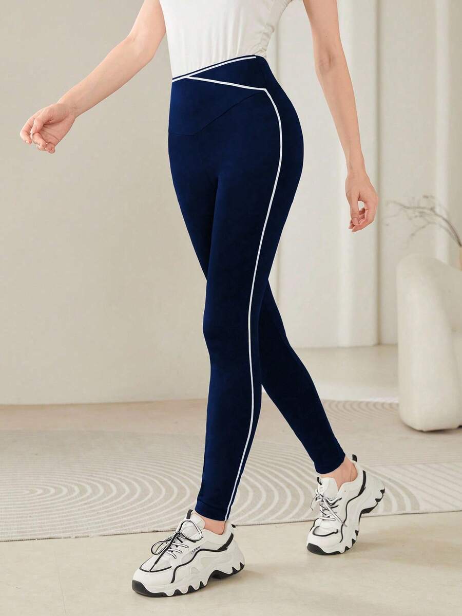 Women's Contrast Trim Fitted High Waist Casual Leggings - Royal Blue - View 1