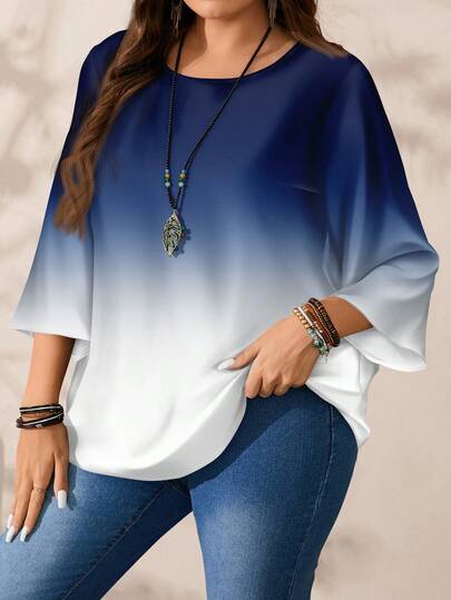 Mellowie Plus Size Women All-Over Printed Loose Fit Round Neck 3/4 Sleeve Casual Shirt, Autumn/Winter Chic Blouses For Women