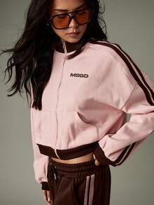 MISSGUIDED Zip Through Sweatshirt With Contrast Stripes And Ribbed Cuffs For Casual Everyday Wear - Pink - View 7
