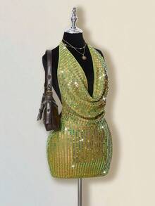 SHEIN ICON 女式性感火辣千禧风格 Y2K 现代时尚个性前卫复古晚会宴会夜总会装摆领露背绿色亮片修身迷你连衣裙 - 綠色 - 查看 6