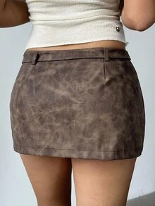 Aloruh Women's Tie-Dye Waist Belt Design Western Style Fashion Short Skirt,Brown Skirt, Fall For Women,Autumn For Women,Going Out,PU,Stylish And Simple Commuting And Casual,Y2K,Coffee Color Mini Skirt,Back To School - Brown - View 3