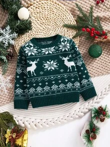 SHEIN 4件套男婴亲子装，绿色小鹿雪花提花图案宽松套头毛衣，加厚保暖内衬，适合圣诞节和冬季穿着。 - 綠色 - 查看 3