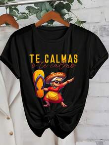 INAWLY EZwear 复古妈妈衬衫，趣味字母印花圆领短袖休闲宽松大码T恤，适合妈妈们穿着，图案T恤，女士上衣 - 黑色 - 查看 1