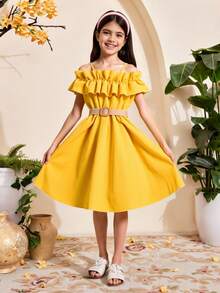 Tween Girl Cold Shoulder Ruffle Trim Belted Dress - Yellow - View 4