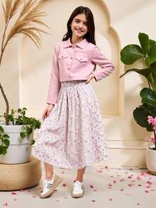 SHEIN 2入組/套青少女長袖夾克和花卉肩帶連衣裙套裝