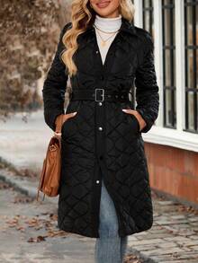 EMERY ROSE Chaqueta larga casual de invierno de un solo pecho de unicolor y manga larga para mujer - Negro - Ver 4